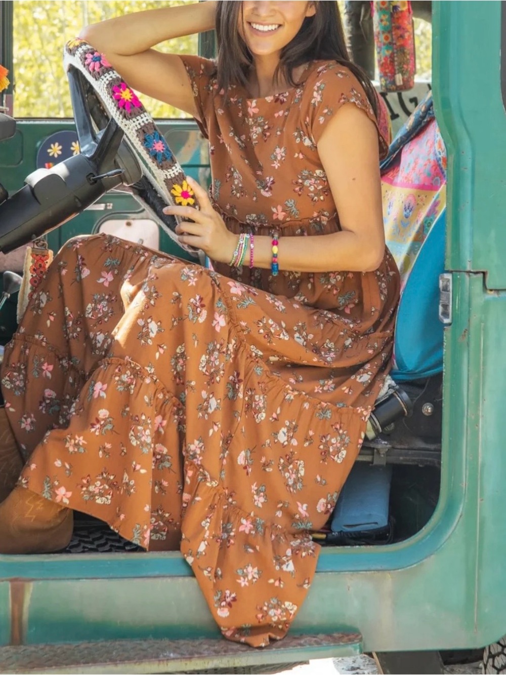 Natural Life Berkley Maxi Dress Brown Bouquet Floral Boho Fall Wardrobe Rayon XL